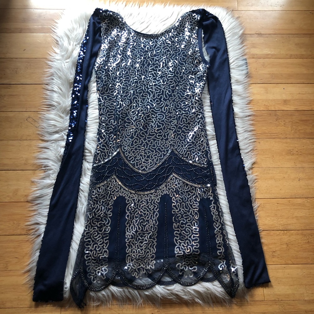 SOLD Sequins Flapper Dance Sport Glamorous Party Navy Silver Evening Dress S - Picture 12 of 16
